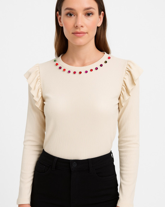 Γυναικεία μπλούζα με βολάν και πολύχρωμα στρας